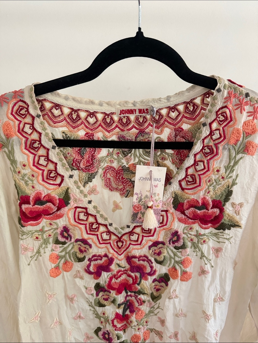 Johnny Was Christabella Cream Blouse with Pink, Red and Green Floral Embroidery - Picture 3 of 6